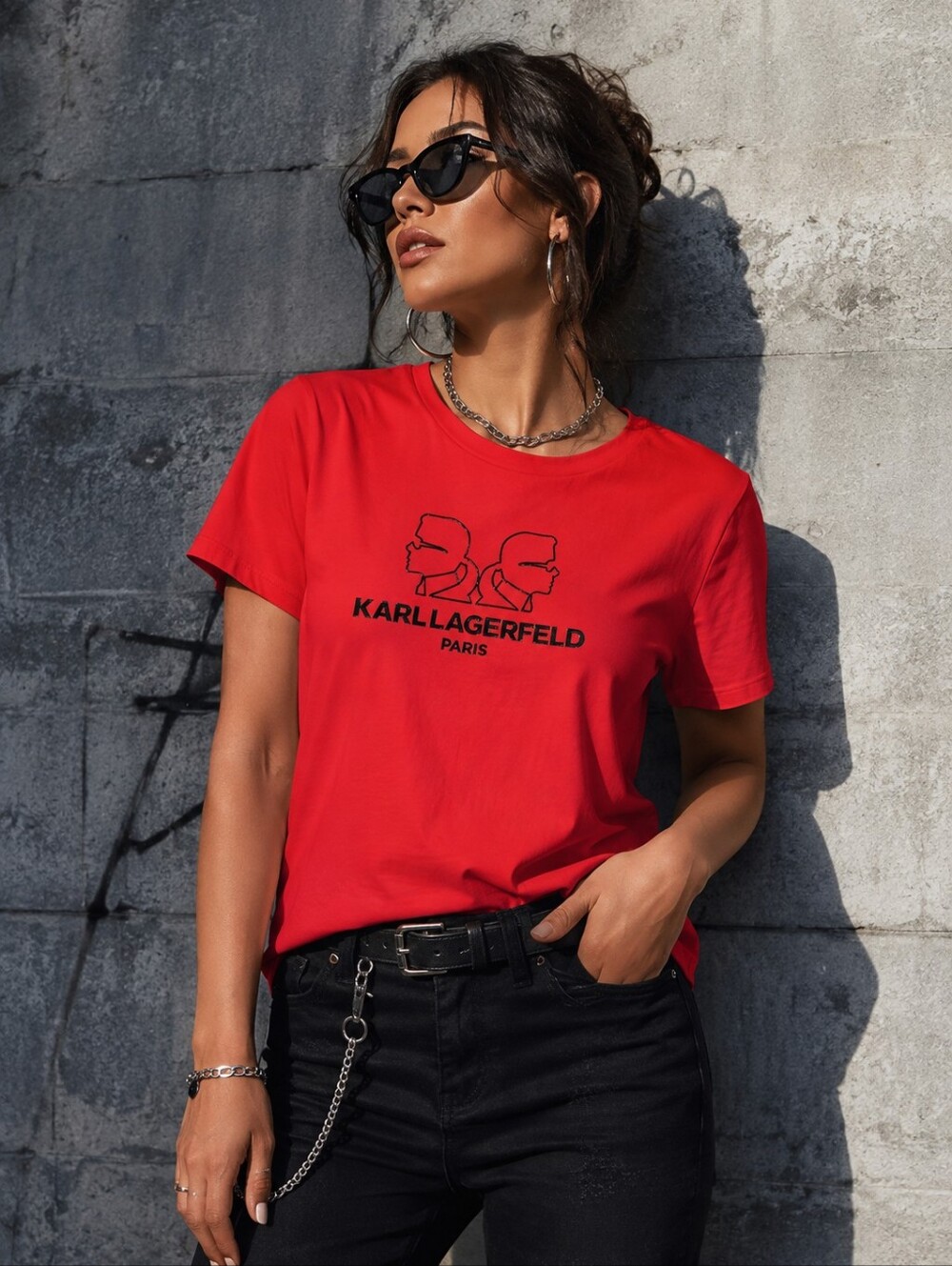 Karl Lagerfeld Paris Red Short-Sleeve Logo T-Shirt Preppy Pullover Crewneck Med